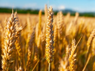 ripe yellow ear of wheat in a field on a sunny summer evening