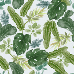 Beautiful seamless summer botanical watercolor pattern with green exotic leaves