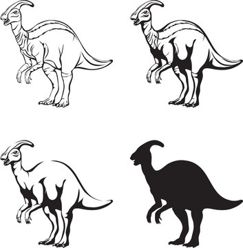 Parasaurolophus, dinosaur realistic image, vector, positions, illustration, black and white, silhouette, logo, trademark, chevron for decoration and design, packaging and posters