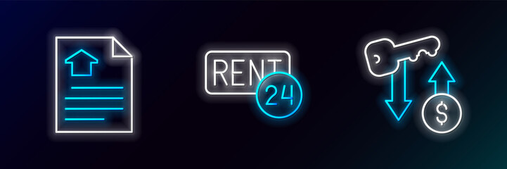 Set line Rent key, House contract and icon. Glowing neon. Vector