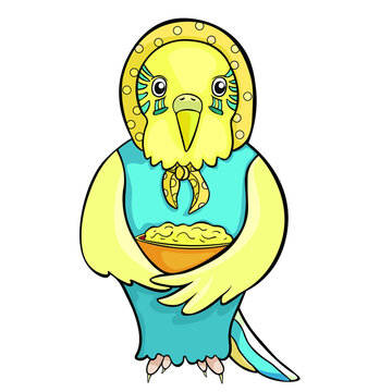 recommend clip art: Wavy parrot old grandmother in a kerchief with a plate of food vector illustration