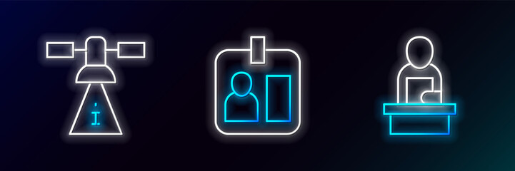 Set line Breaking news, Satellite and Journalist id card icon. Glowing neon. Vector