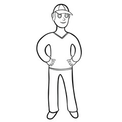  coloring model of a human male in a cap, hands on the belt vector illustration