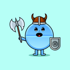 Cute cartoon character Pill medicine viking pirate with hat and holding ax and shield 