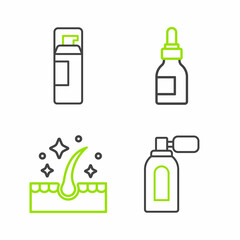 Set line Aftershave with atomizer, Oil for hair care treatment, bottle and Shaving gel foam icon. Vector