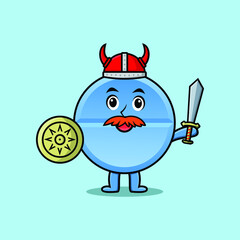 Cute cartoon character Pill medicine viking pirate with hat and holding sword and shield