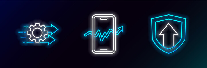 Set line Financial growth, Time management and Mobile stock trading icon. Glowing neon. Vector