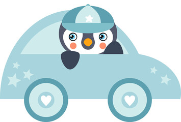 Cute baby boy penguin on blue toy car