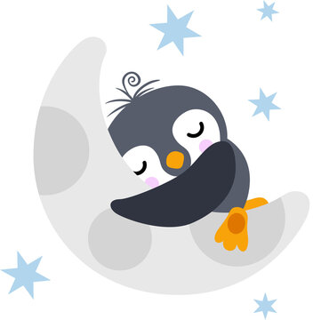 Cute penguin sleeping on moon