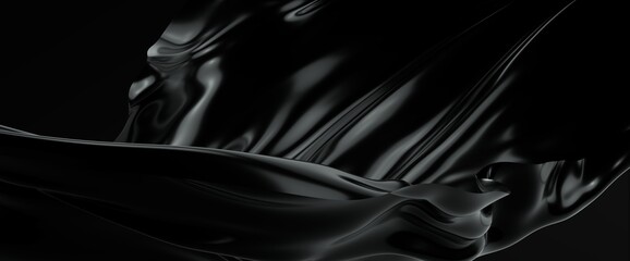 Fototapeta premium Black Oil or Petrol liquid flow, liquid metal close-up, wide horizontal banner. 3d illustration