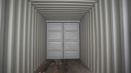 View inside of spacious empty cargo trunk of the truck with metal covering, transportation and...