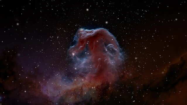 Fly towards the Horsehead Nebula in the constellation of Orion. Zooming into the Horsehead Nebula. Wide field video of Barnard 33.