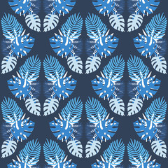 Blue purple tropical leaf seamless pattern with monstera palm leaf