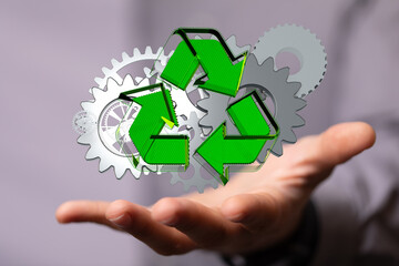 Mechanism green gears and cogs at work on black background. Industrial machinery. 3D illustration. 3D high quality rendering.