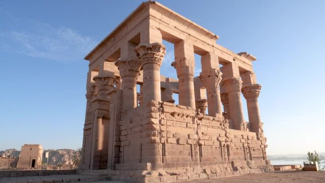 Wide view of preserved ruins in ancient temple of Philae in Aswan, Egypt.