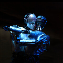 Two hugging robots, dark background. 3D rendering