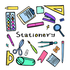 set of school supplies, stationery, color isolated illustration, sketch, hand drawn illustration