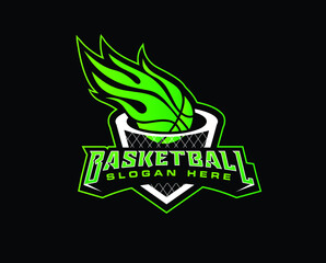 badge fire basketball vector icon logo design, with green color