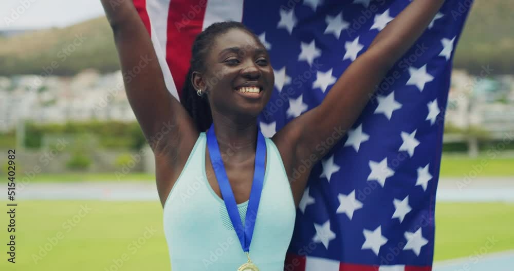 Canvas Prints Proud and patriotic african american athlete celebrating with a USA flag after becoming a champion. Olympic gold medalist and professional sportswoman cheering with a medal after winning a race