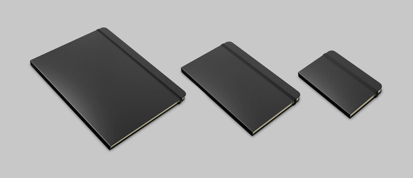Original Moleskine notebook. Extra large, large and pocket journals. 3D illustration