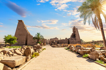 Remains of Karnak Temple behind the palm tree, Luxor, Egypt