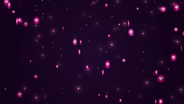 An animation of heart social media icons against a purple background.