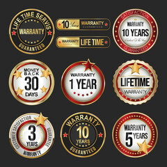 Warranty guaranteed gold black and red  labels on black background