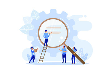 search of thoughts, business mechanism, abstract background with gears, people are engaged in business promotion, strategy analysis, communication. flat design modern illustration