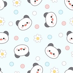 Seamless pattern of panda faces, flowers and dots on a blue background.