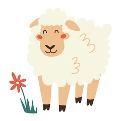 Cute smiling sheep. Vector cartoon illustration.