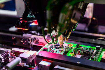 Computer circuit board assembly and robotic automatic flying test probe. Selective focus. - obrazy, fototapety, plakaty