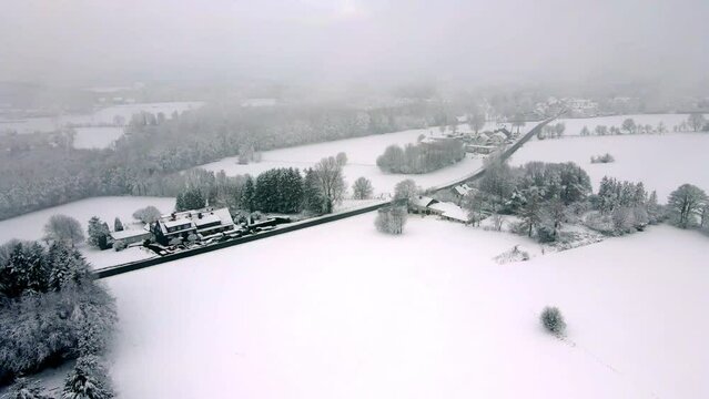 Snowy Winterberg Schwelm Droneshot fly by road