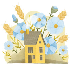 illustration of Ukraine, cute yellow house with blue flowers and  ears of rye copy