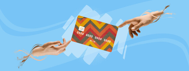 Contemporary art collage. Modern colorful design with human hands reaching credit card isolated on...