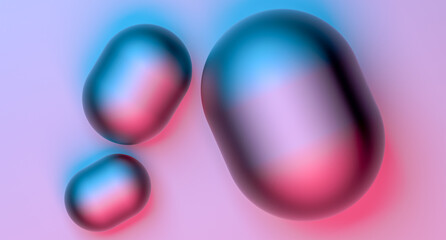 Rounded shapes metallic abstract with a hint of blue and pink neon. The concept of rounded cubes. Round shapes design. 3D render.