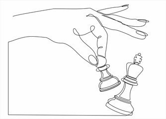 continuous line drawing of hands holding the figure of a chess piece and knocking out the queen. Strategy business concept and checkmate game. vector illustration