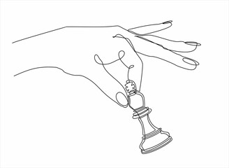 continuous line drawing of a hand holding a queen figure in a game of chess. strategy and game business concept. vector illustration
