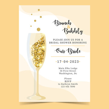 Brunch And Bubbly Bridal Shower. Vector Illustration. Wedding Invitation With Golden Glitter.