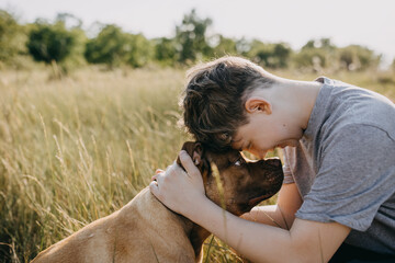 Closeup of a boy hugging a pit bull dog close, touching foreheads.