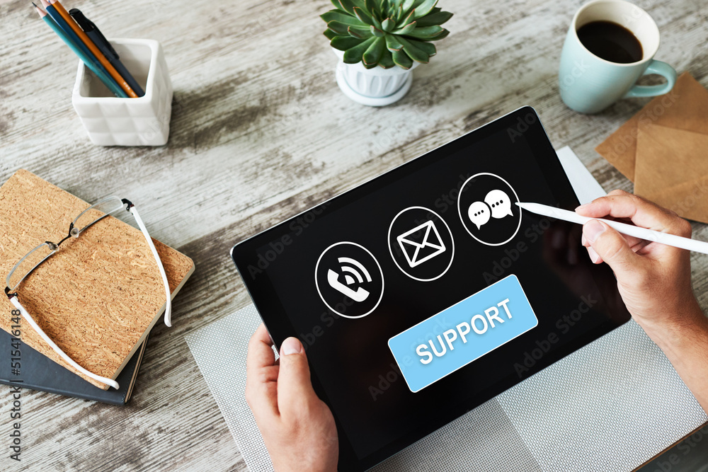 Poster technical support icons on screen. call to help center. internet and technology concept.