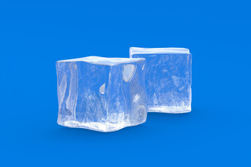 Two square ice cubes on blue background. Cold beverages. Refreshing drinks ingredients. 3d render