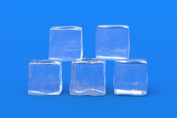 Stack of square ice cubes on blue background. Cold beverages. Refreshing drinks ingredients. 3d render