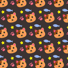 Cartoon vector pattern with cat, paw, fish and star. Repeat flat kitten background 