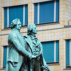  Close-up of Goethe and Schiller statue in Weimar, Germany.
