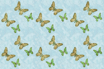 淡い水色のグランジ地に蝶のシームレスパターン