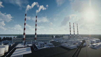 The smoking chimneys of the plant and abstract modern factory in a sunny day, ecological problems and air pollution concept. Plant pipes with smoke against cloudy, blue sky.