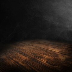Wooden table and black background with smoke.  - 515420561