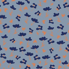 Naklejka na ściany i meble Simple vintage pattern. Dark blue flowers, orange leaves. blue background. Fashionable print for textiles and wallpaper.