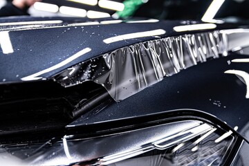 Hood of a modern car during the application of a tranparent protective film in a car detailing studio - 515421590