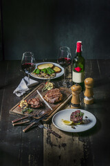 Still life, Meat Restaurant, Steaks, Carpaccio, Glass of Wine